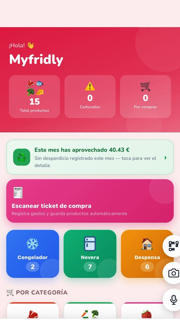 Pantalla de inicio de Myfridly con congelador, nevera y despensa